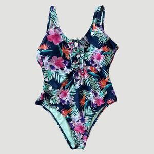 California Sunshine Tropical Floral Lace up One Piece Swimsuit M High Cut